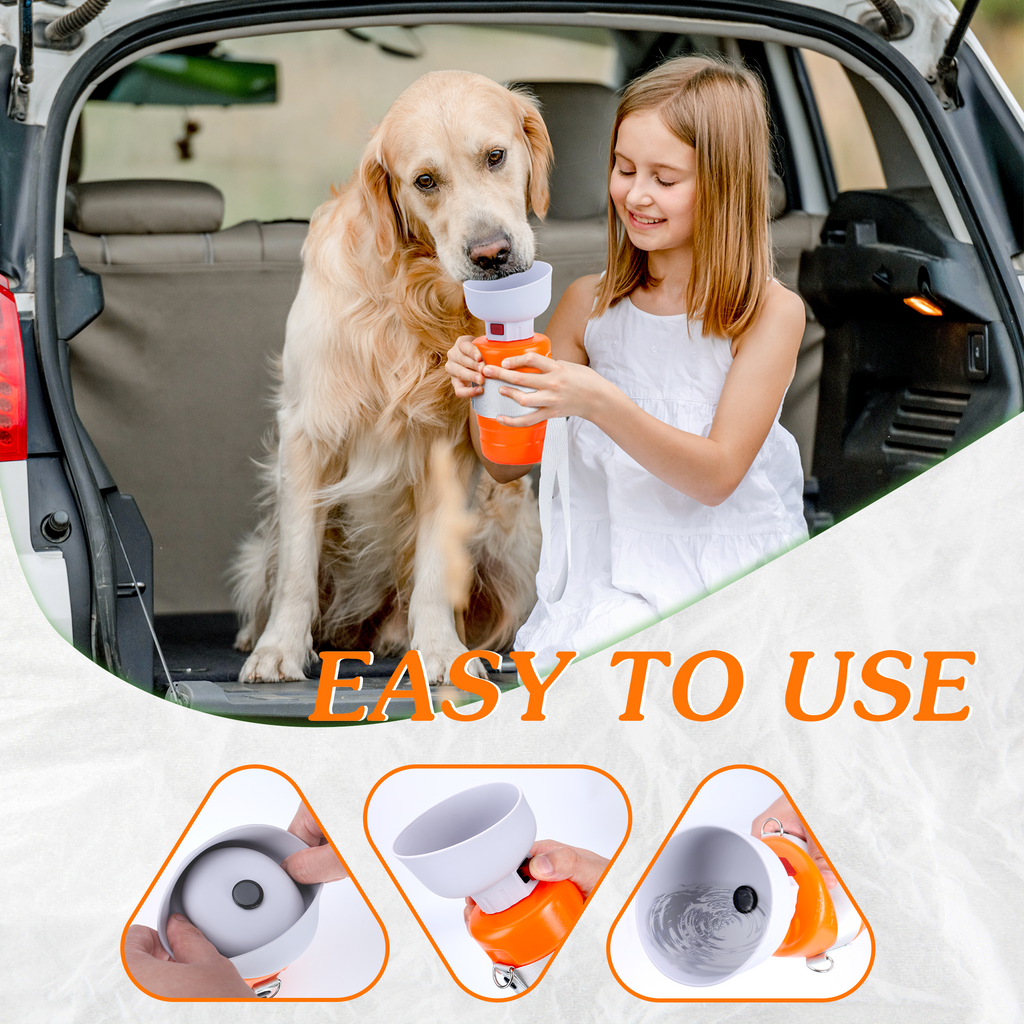 28 oz Portable Dog Water Bottle with Fold-Out Bowl – Orange