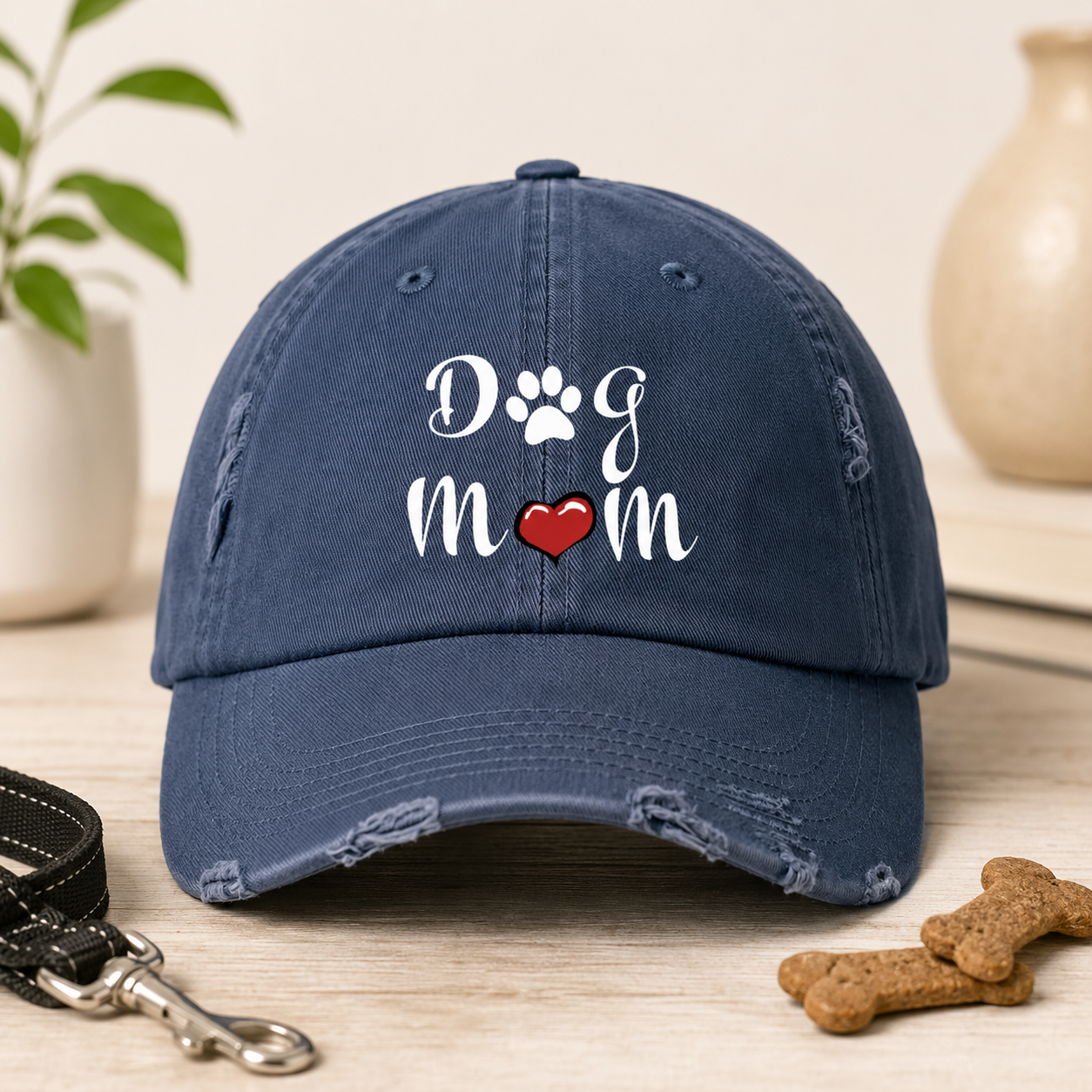 DOG MOM Distressed Embroidered Baseball Cap